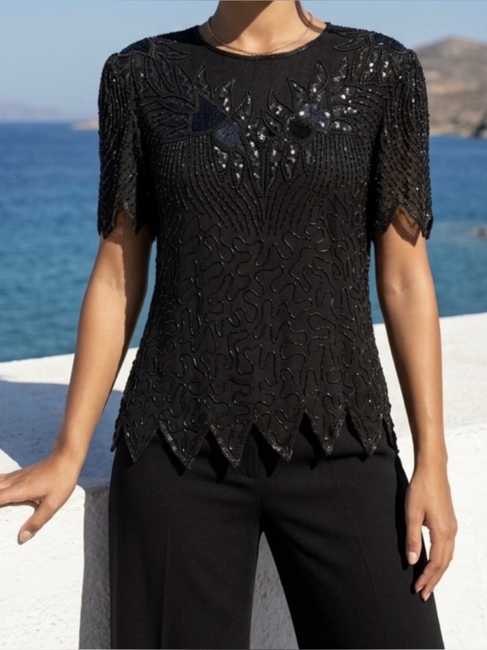 Elegant Vintage Denise Elle Black FormalShort Sleeve Beaded Evening Top